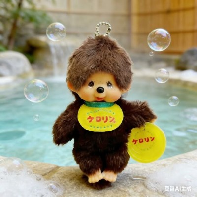 10037 Kerorin x Monchhichi with Onsen Bucket SS Size Keychain Mascot - Japan Limited
