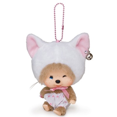 220640 Monchhichi Big Head Mascot Keychain Key Holder - Blink Eye White Cat ~ LAST