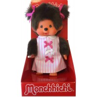 223589 EURO Monchhichi S Size Plush Twin Braid Girl Ribbon Dress Pink