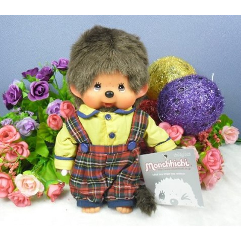 2585HK Monchhichi S Size Overall Red Green Checker Pants Boy