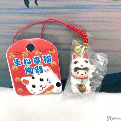 499040 Monchhichi 4cm Ceramics Lucky Cat Phone Strap Mascot WHITE