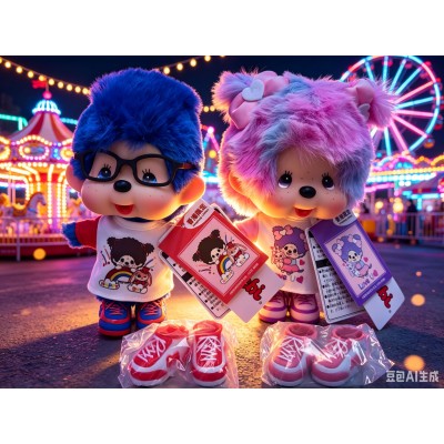 739981 HONG KONG Exclusive Limited - Big Head Monchhichi with Glasses Blue Hair Boy HAPPY DAY ~ NEW ~