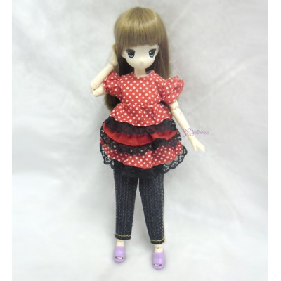 TBS052RED Obitsu 21cm 23cm bjd Outfit Lace Dress + Jeans Pants
